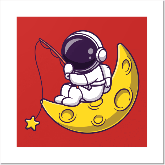 Astronaut Fishing Star On Moon Cartoon Wall Art by Catalyst Labs